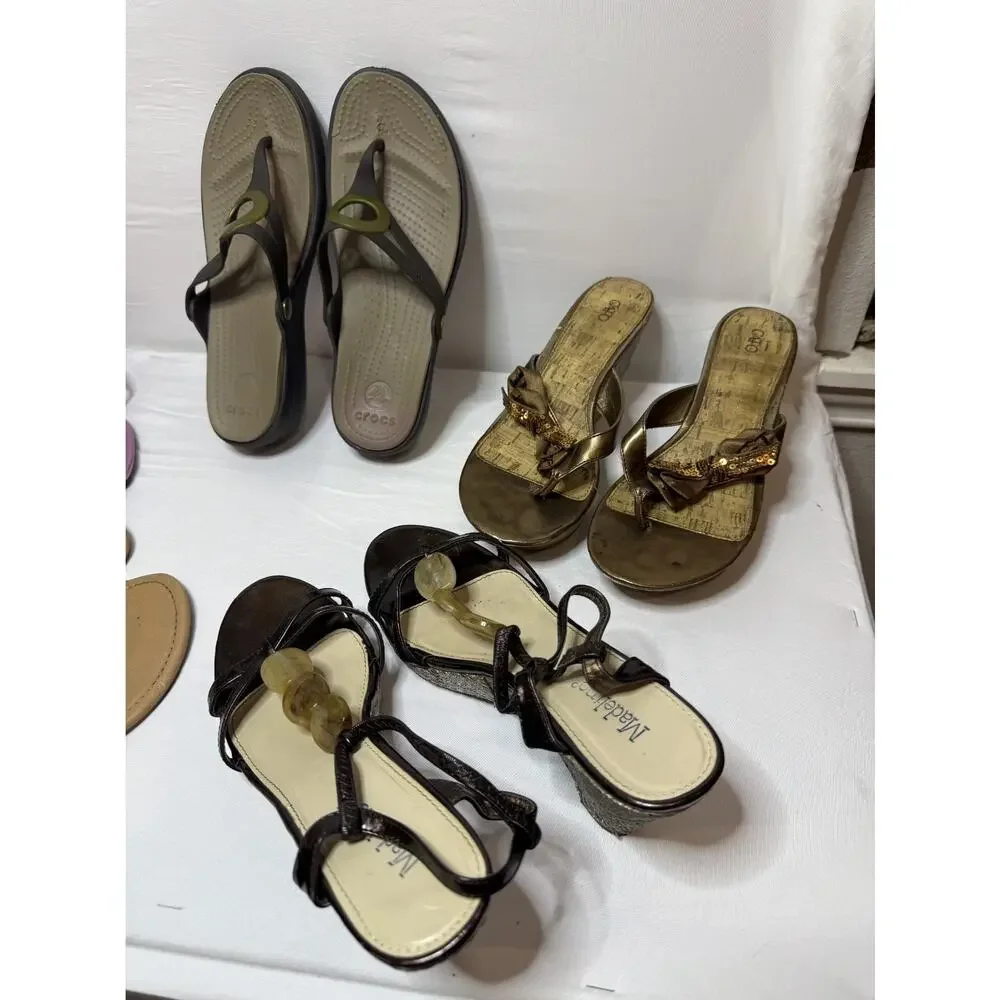 Lot of 5 Women's Sandals Size 8/9 Wedge Flip Flop Crocs Madeline Dots Pink Brown